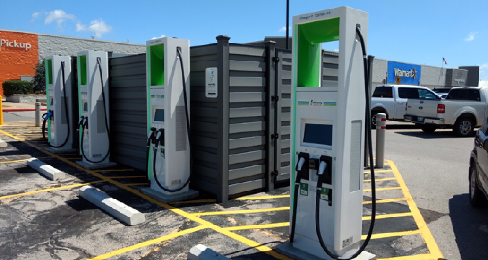 Electrify America electric vehicle charging stations are shown in the parking lot of the Walmart Supercenter at 501 SW 19th St. in Moore.